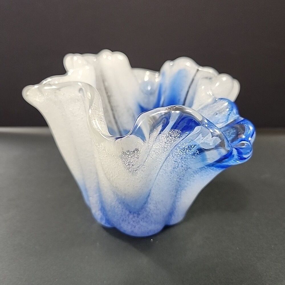 Bubble Art Glass Handkerchief Vase White /Blue And Clear